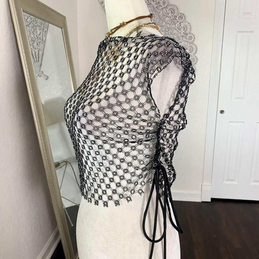 Black Silver Early 2000's See Through Rhinestone Fishnet Top OS / S / XS - Picture 5 of 8